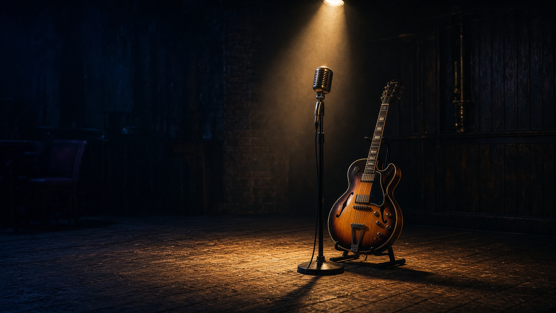An empty midnight stage with a ribbon microphone and a hollow-body guitar in a single warm light